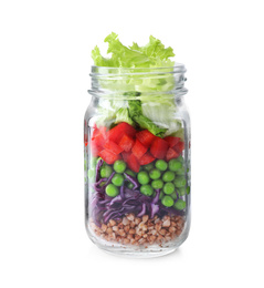 Photo of Healthy salad in glass jar isolated on white