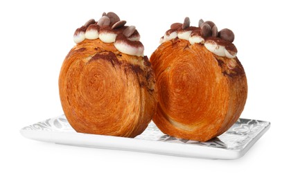 Photo of Round croissants with chocolate chips and cream isolated on white. Tasty puff pastry