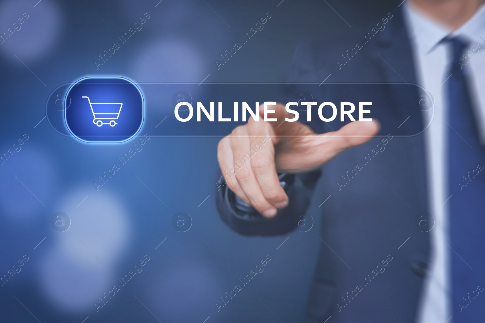 Image of Man pointing at search bar with phrase Online Store on virtual screen, closeup