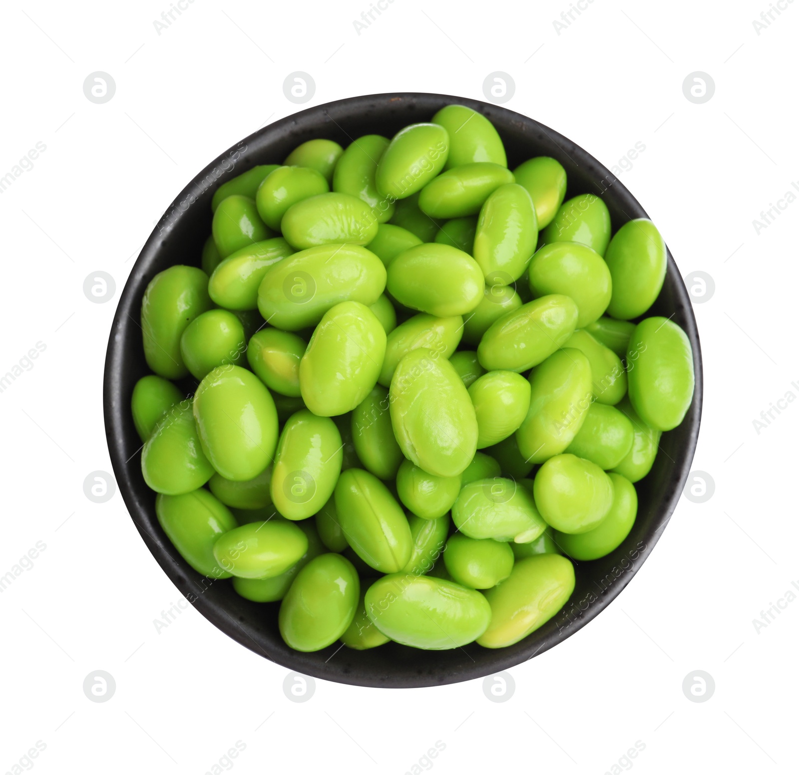 Photo of Bowl with fresh edamame soybeans on white background, top view