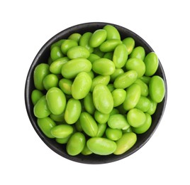 Bowl with fresh edamame soybeans on white background, top view