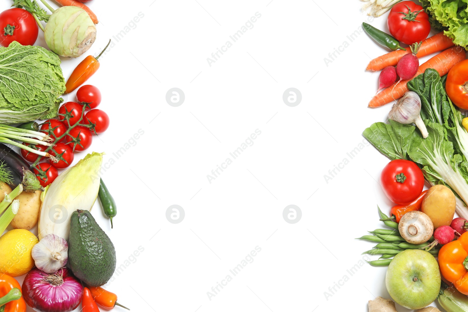 Photo of Many different fresh vegetables on white background, top view