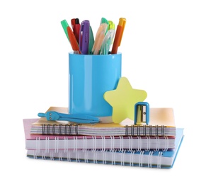 Set of colorful school stationery on white background