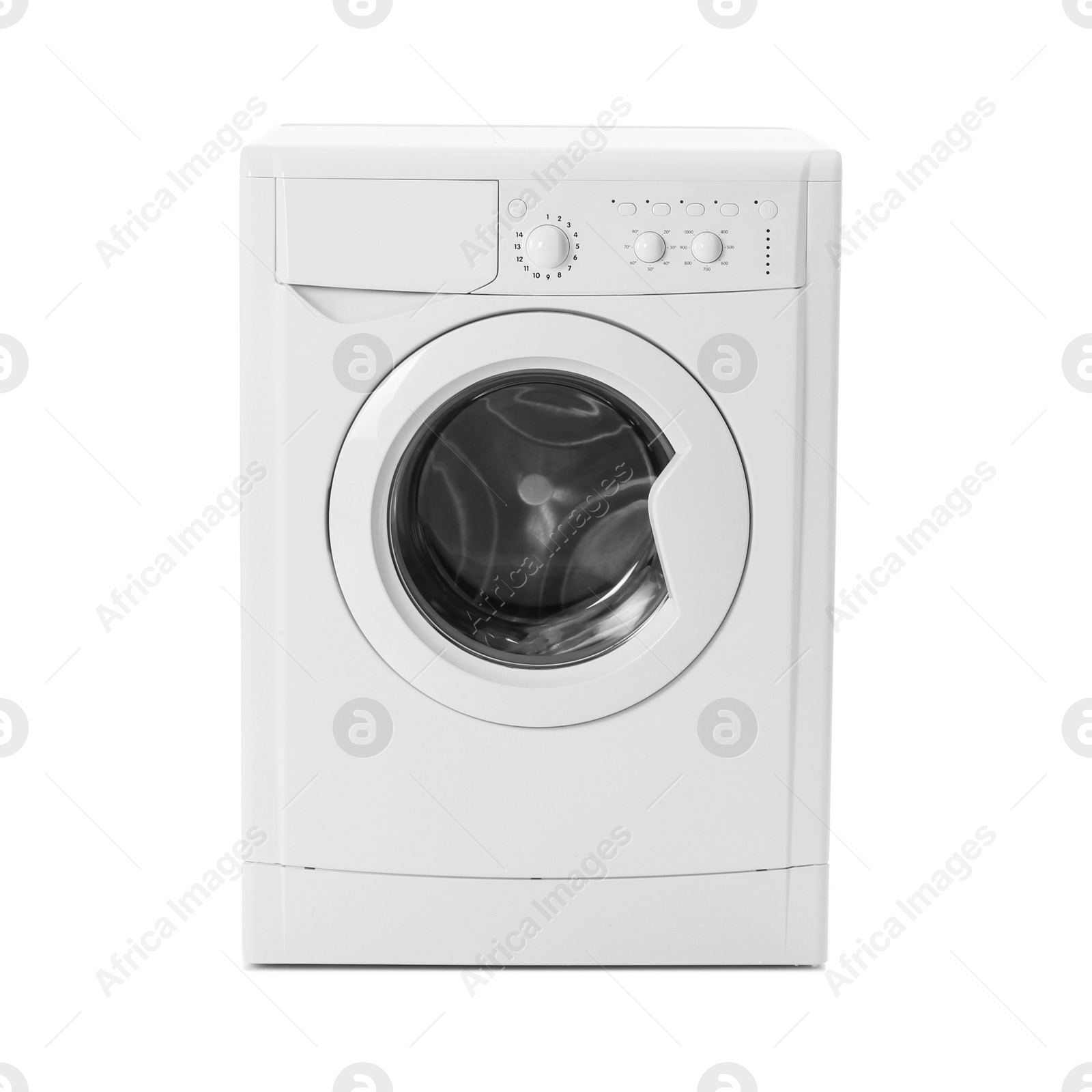 Photo of Modern washing machine isolated on white. Laundry day