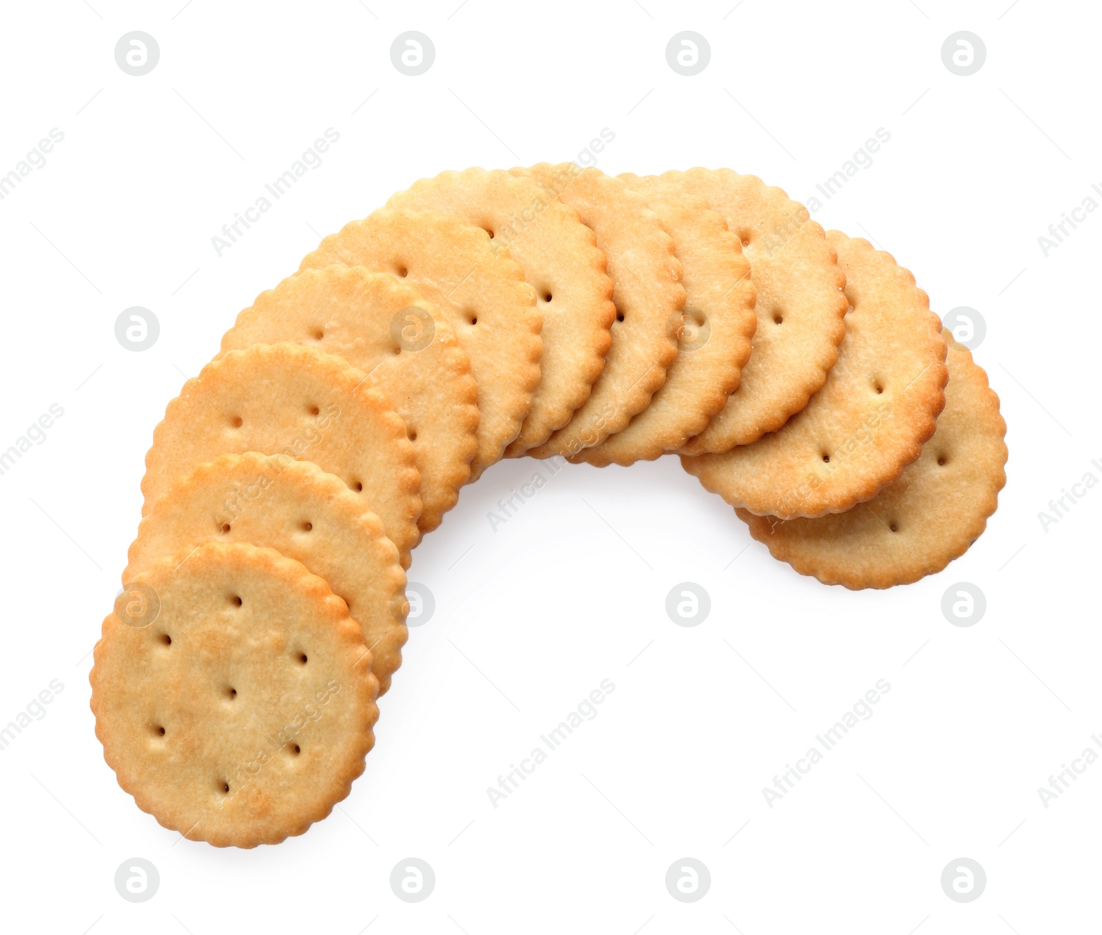 Photo of Delicious crispy crackers isolated on white, top view