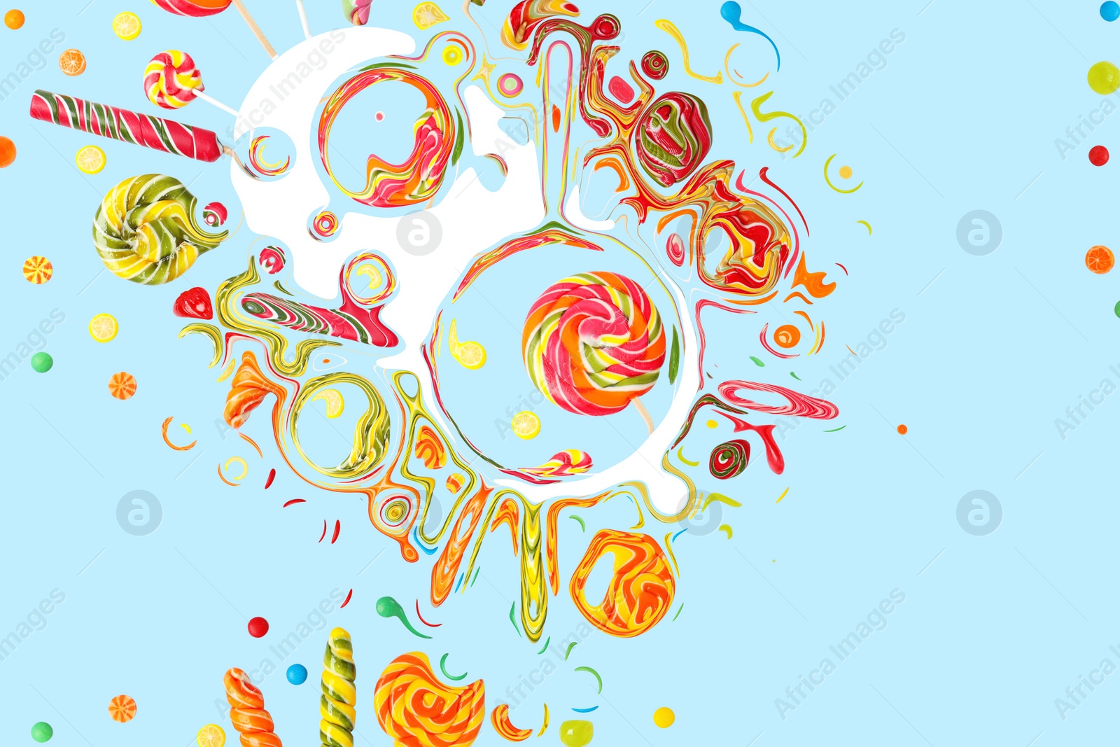 Image of Bright design with many different candies on pale light blue background