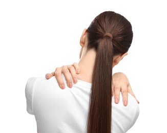 Photo of Woman touching her neck on white background, back view