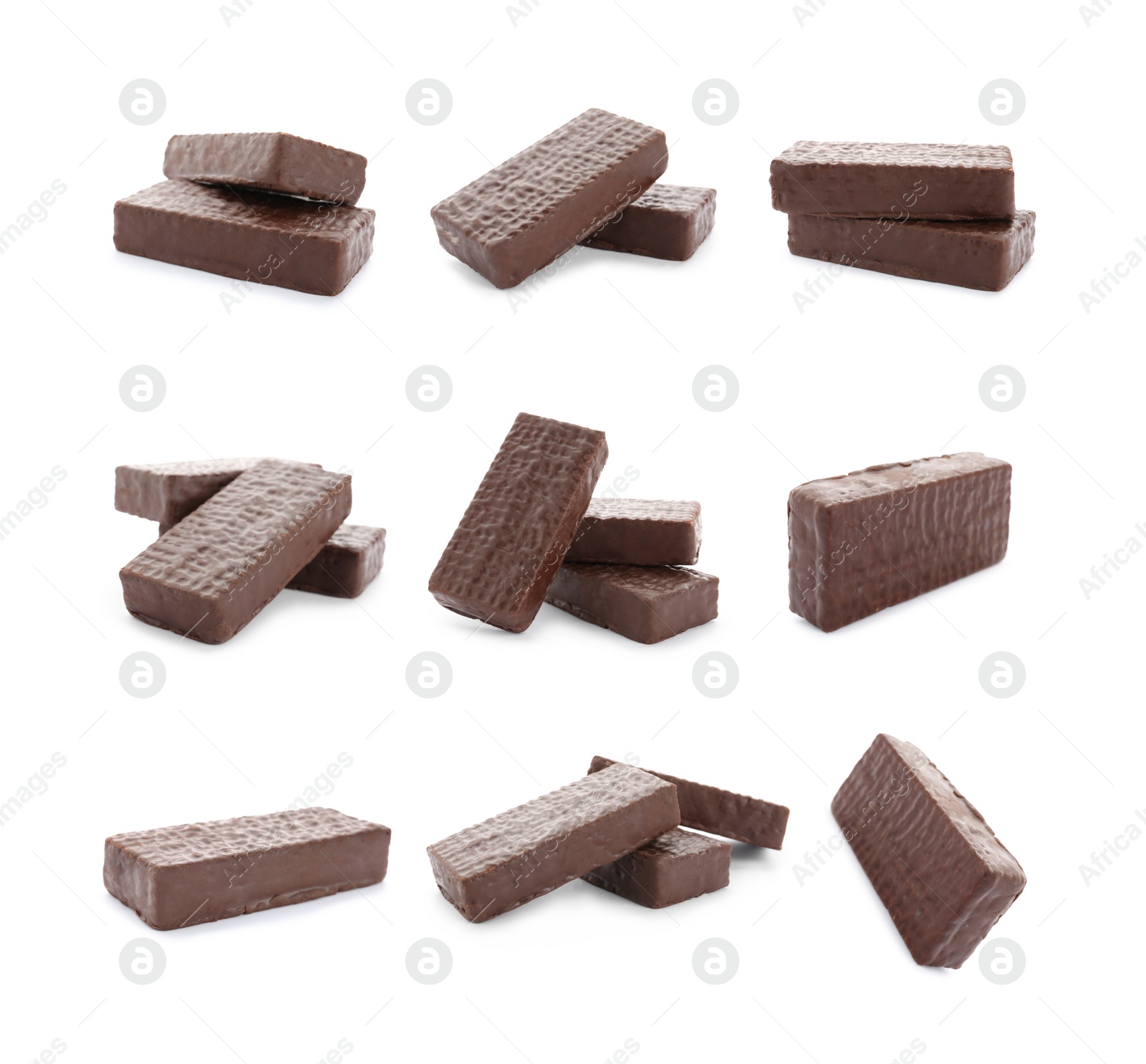 Image of Set of delicious wafers with chocolate coating on white background. Sweet food