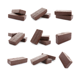 Image of Set of delicious wafers with chocolate coating on white background. Sweet food