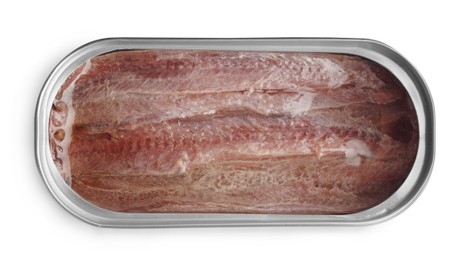 Photo of Anchovy fillets in open tin can isolated on white, top view