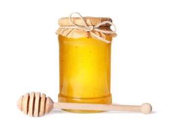 Photo of Tasty natural honey in glass jar and dipper isolated on white