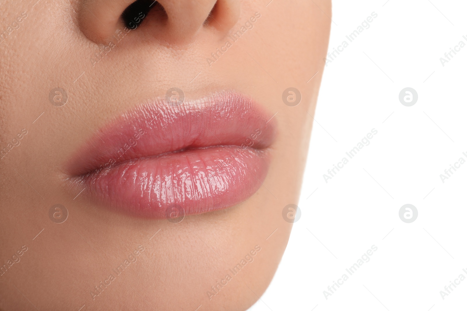 Photo of Woman with beautiful full lips on white background, closeup