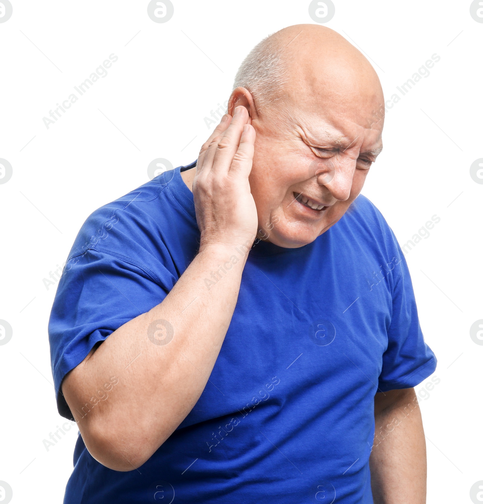 Photo of Senior man suffering from pain in ear on white background