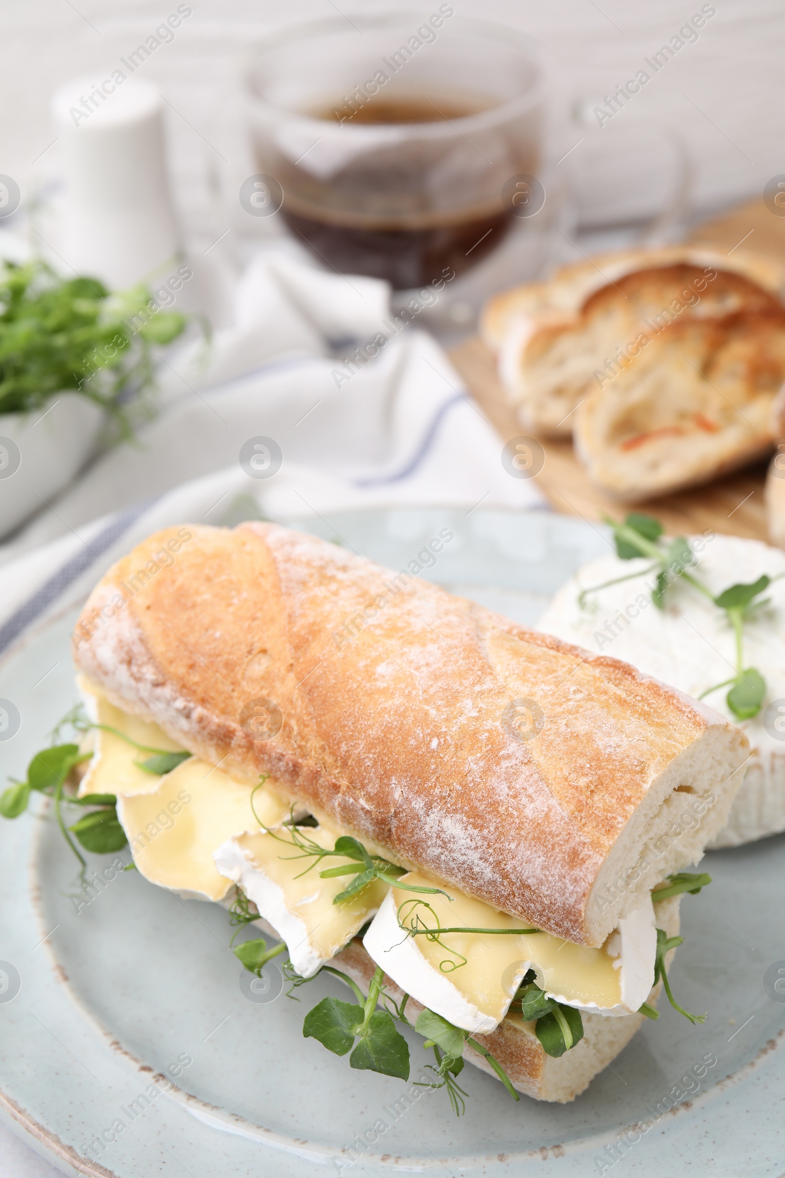 Photo of Tasty sandwich with brie cheese served on table