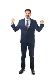 Photo of Full length portrait of emotional businessman on white background