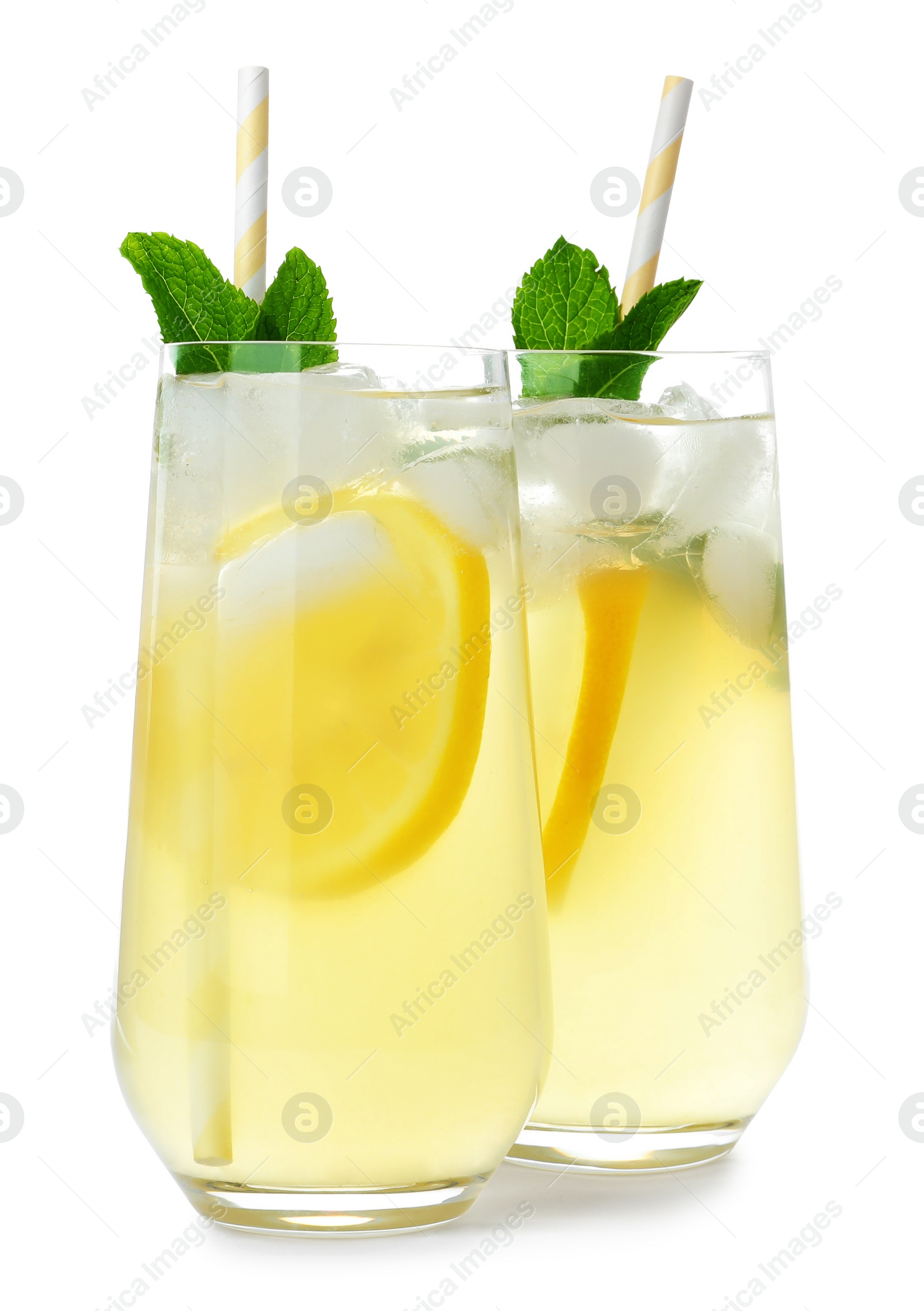 Photo of Natural lemonade with mint on white background. Summer refreshing drink