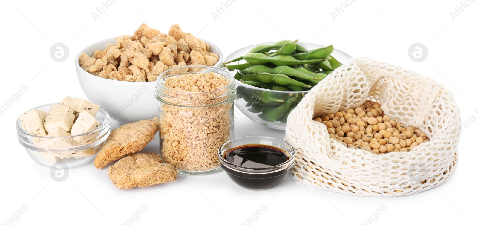 Photo of Different organic soy products on white background