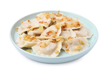 Photo of Cooked dumplings (varenyky) with tasty filling and fried onions on white background