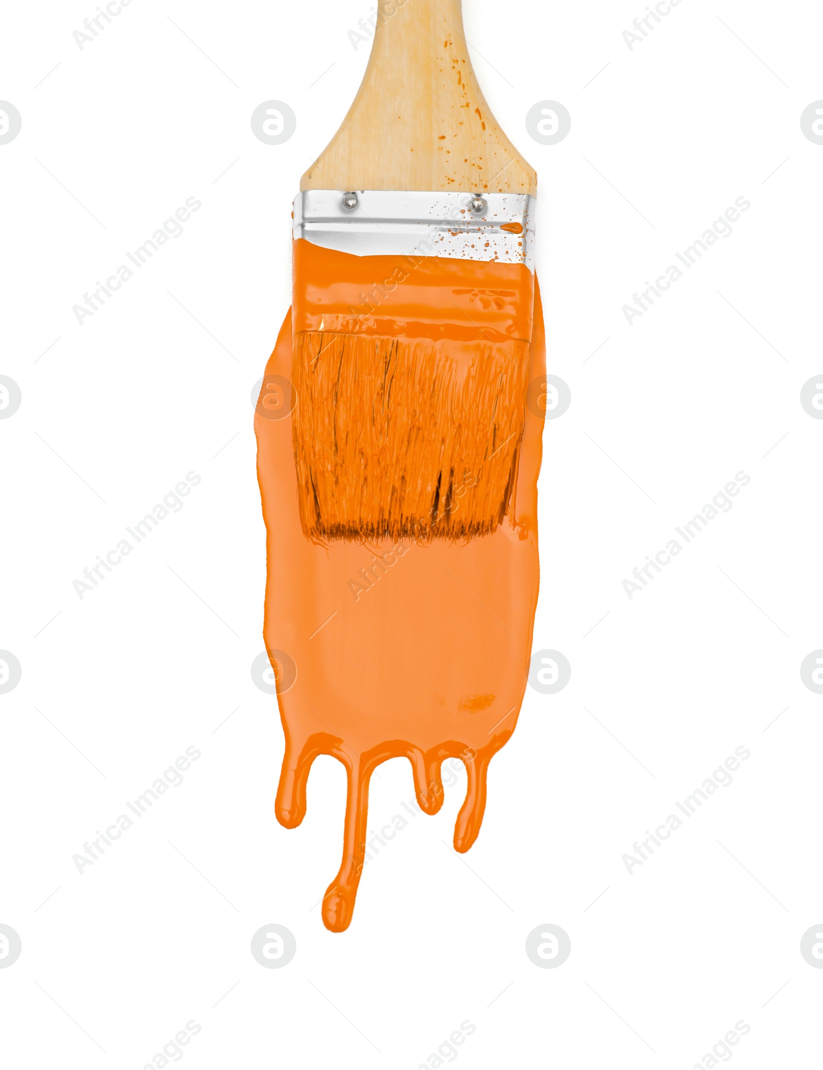 Photo of Stroke of orange paint and brush on white background, top view