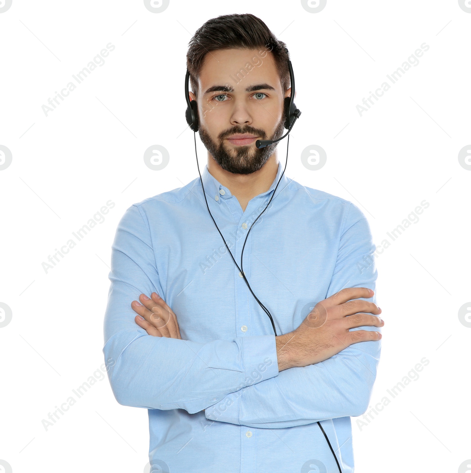 Photo of Portrait of technical support operator with headset isolated on white