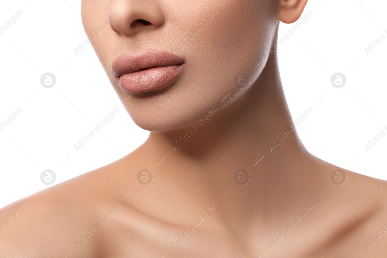 Photo of Woman with pink lipstick on white background, closeup