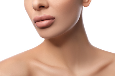 Photo of Woman with pink lipstick on white background, closeup