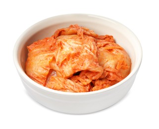 Bowl of spicy cabbage kimchi isolated on white
