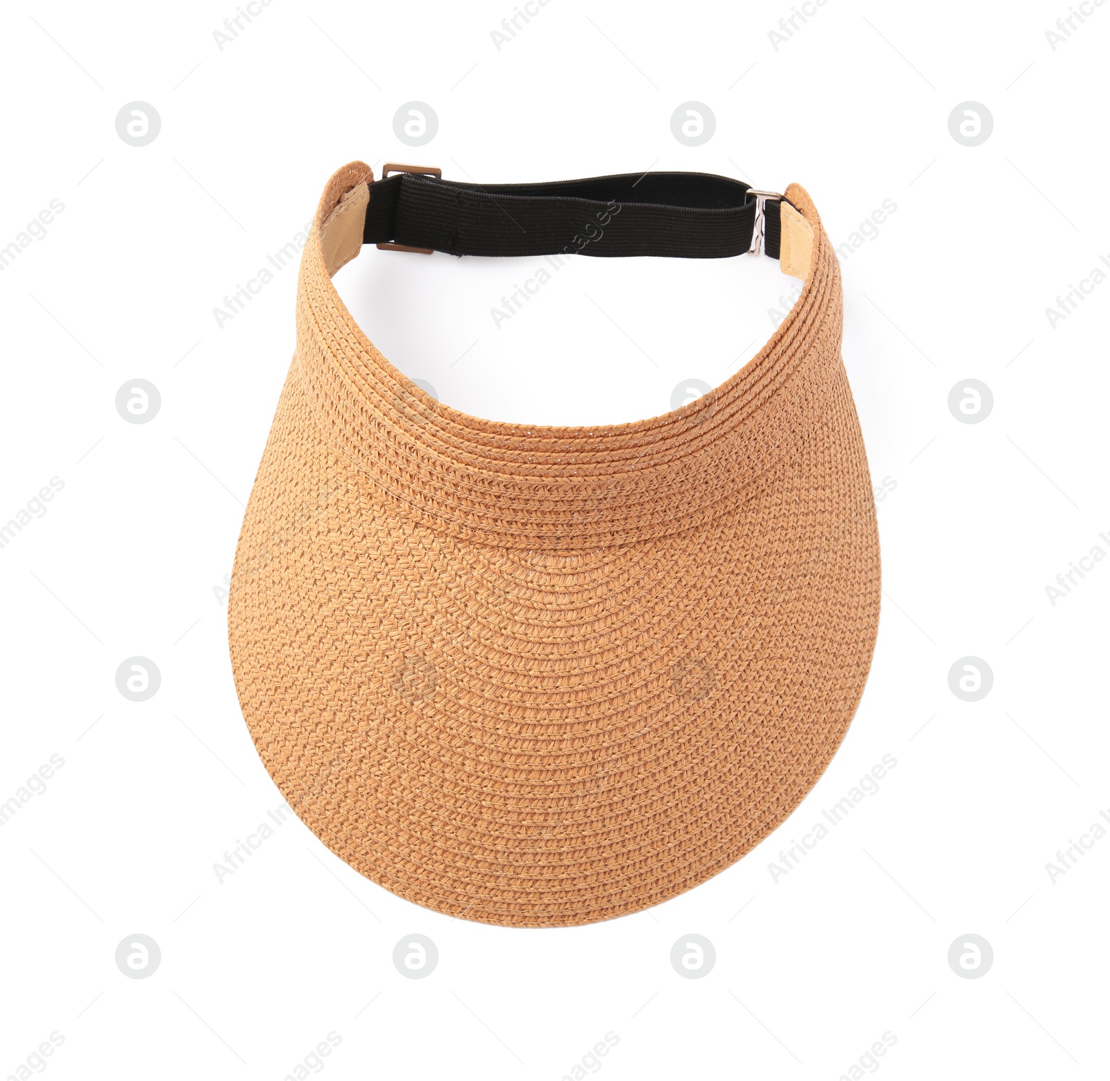 Photo of Stylish straw visor cap isolated on white, top view. Beach object