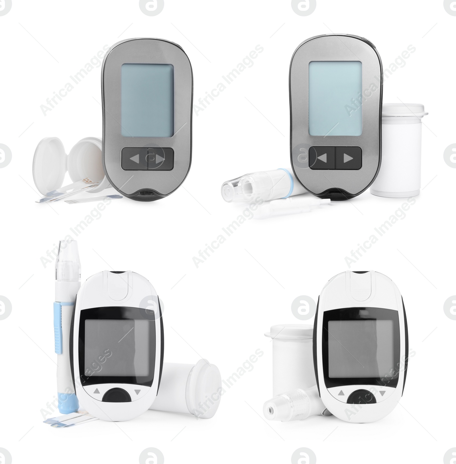 Image of  Set with digital glucometers, lancet pens and test strips on white background. Diabetes control