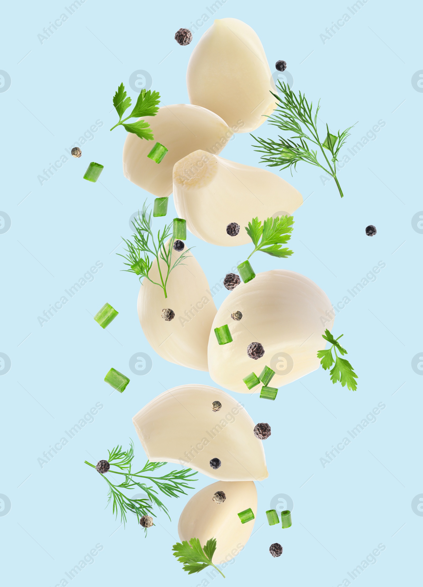 Image of Fresh peeled garlic cloves, peppercorns, parsley and dill flying on light blue background