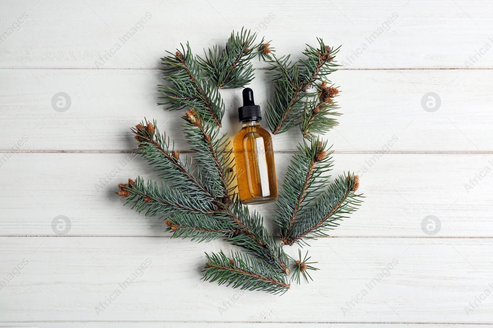 Photo of Little bottle with essential oil and pine branches on wooden background, flat lay
