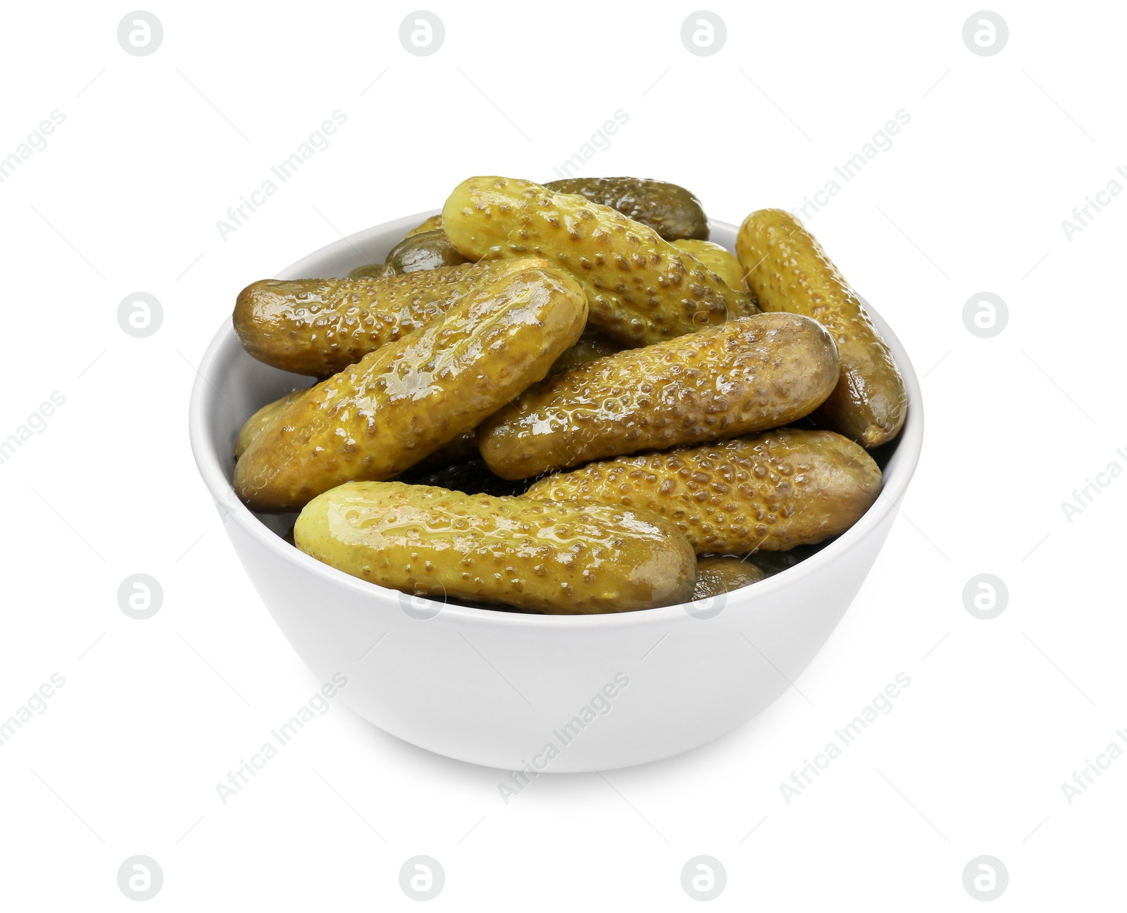 Photo of Tasty pickled cucumbers in bowl isolated on white