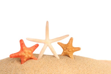 Beautiful sea stars (starfish) in sand isolated on white