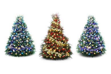 Image of Christmas trees decorated with ornaments and festive lights isolated on white, set