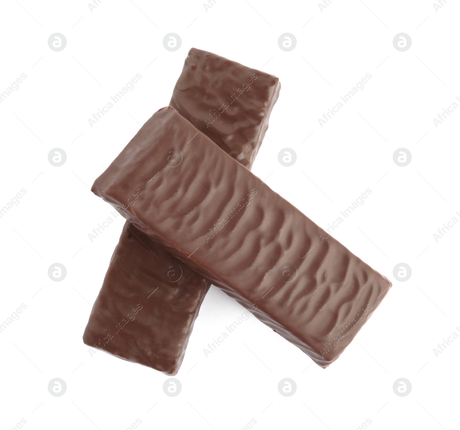 Photo of Tasty chocolate glazed protein bars on white background, top view. Healthy snack