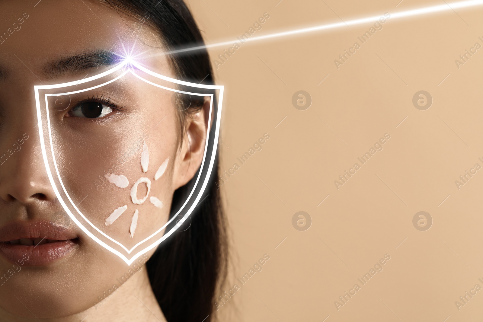 Image of Sun protection care. Beautiful woman with sunscreen on face against beige background, space for text. Illustration of shield as SPF