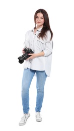 Female photographer with professional camera on white background