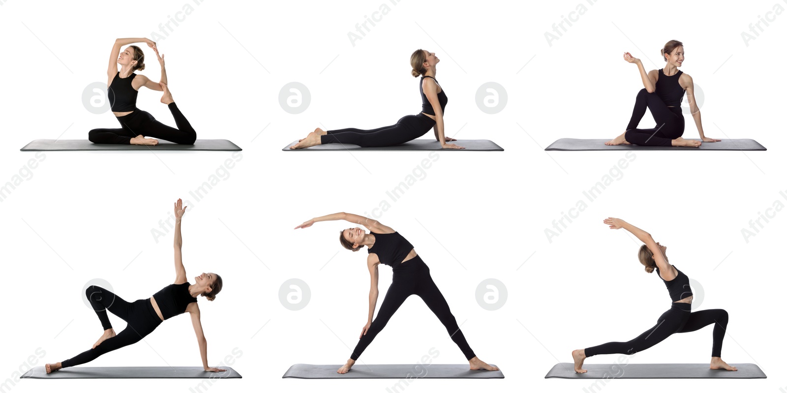 Image of Young woman practicing yoga on white background, collage. Banner design 