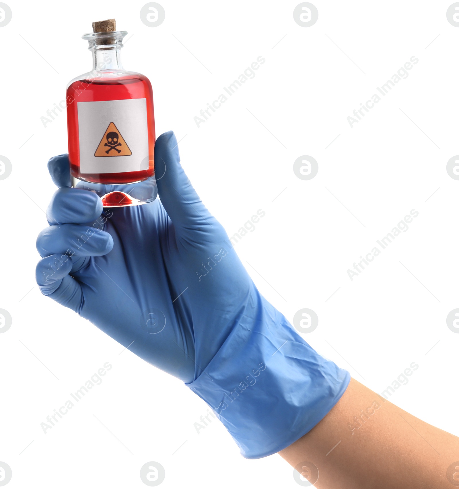 Photo of Woman in gloves holding glass bottle of poison with warning sign isolated on white, closeup