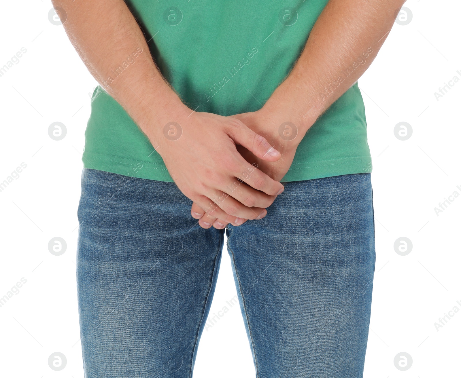 Photo of Man suffering from pain on white background, closeup. Urology problems