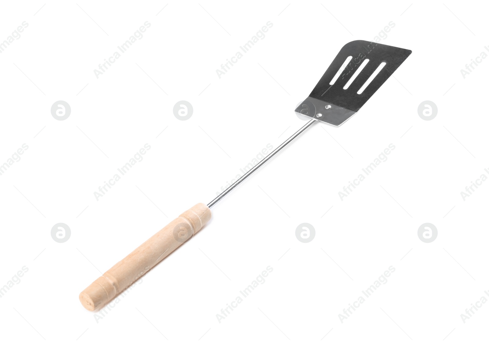 Photo of New barbecue spatula with wooden handle on white background