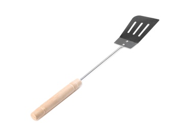 Photo of New barbecue spatula with wooden handle on white background