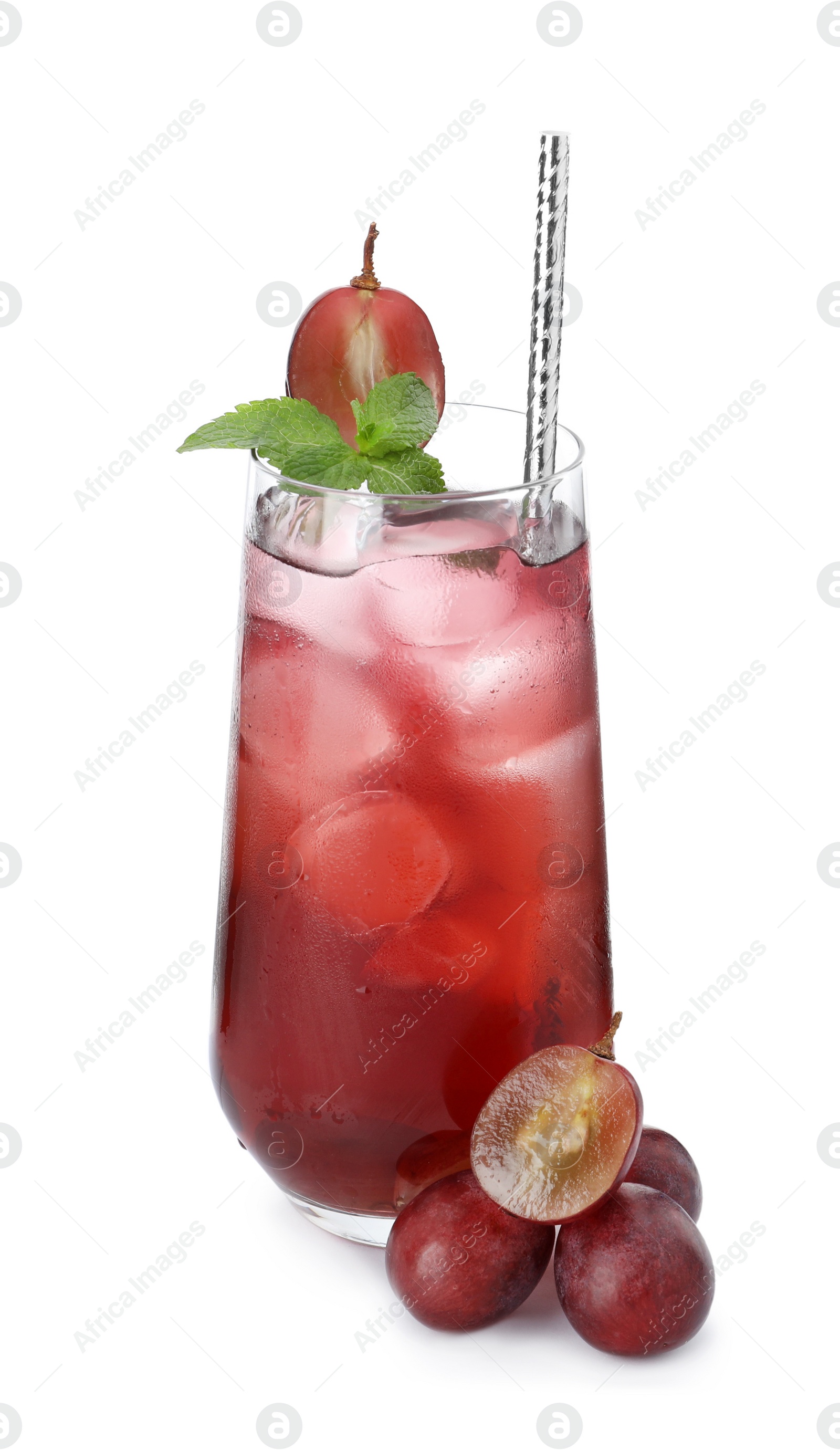 Photo of Delicious grape soda water isolated on white. Refreshing drink