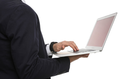 Photo of Young businessman with laptop on white background, closeup