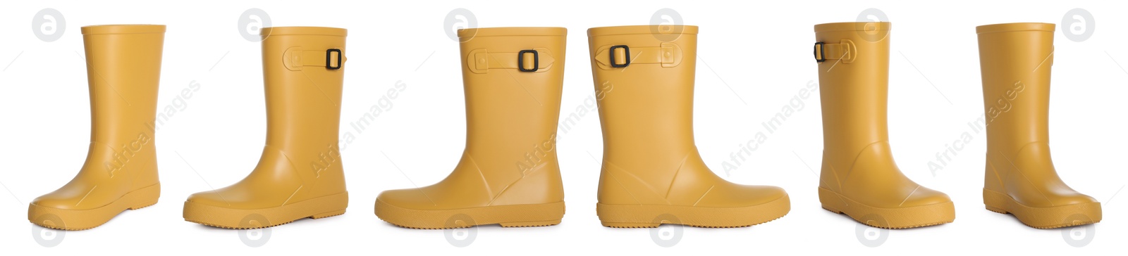 Image of Set with yellow rubber boots on white background. Banner design