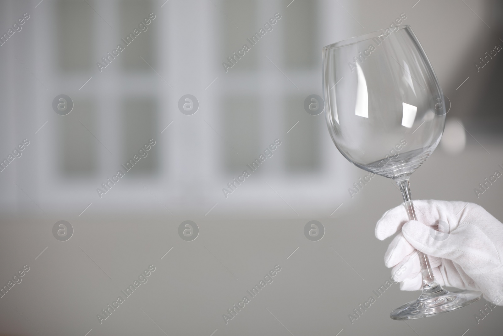 Photo of Person in white glove checking cleanliness of glass indoors, closeup. Space for text