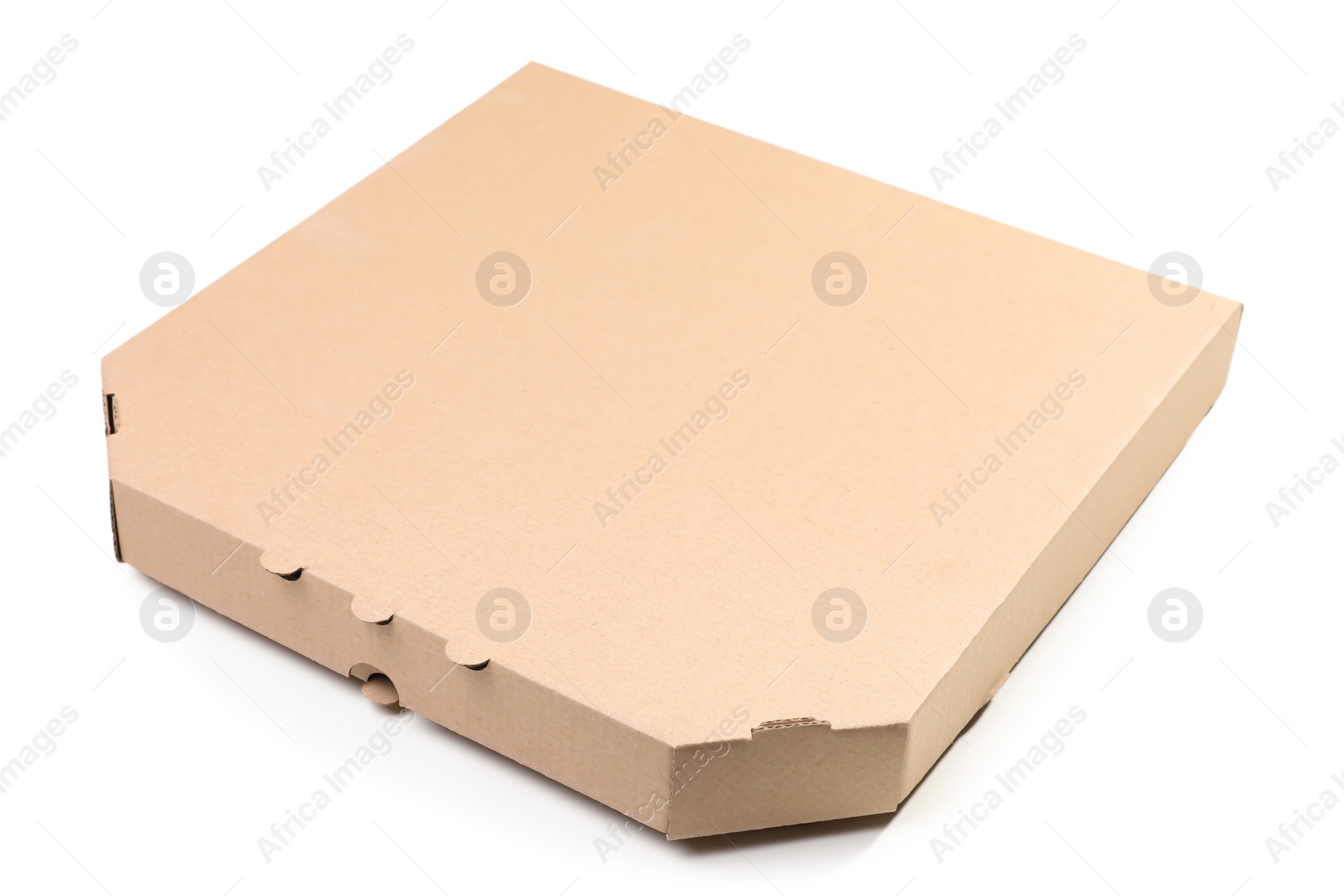 Photo of Cardboard pizza box on white background. Mockup for design