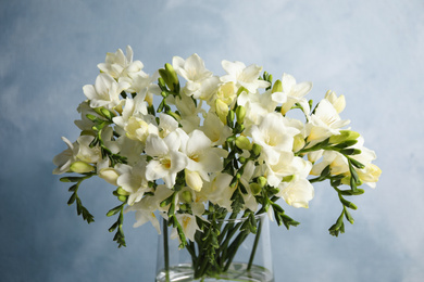 Photo of Beautiful tender freesia flowers on blue background