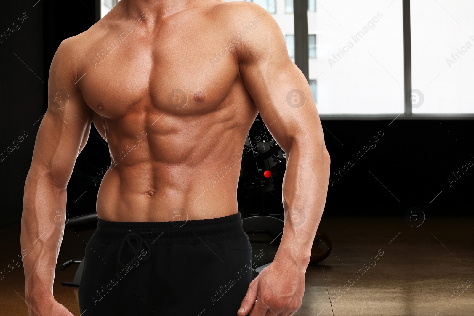 Image of Bodybuilder with muscular body in gym, closeup. Space for text