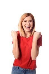 Photo of Portrait of emotional beautiful woman on white background